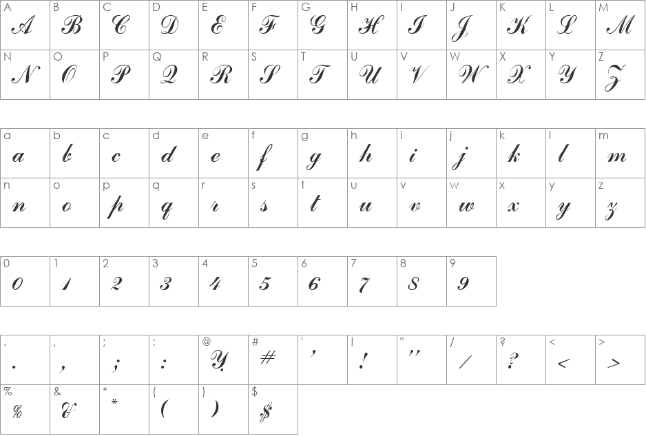 Camau font character map preview