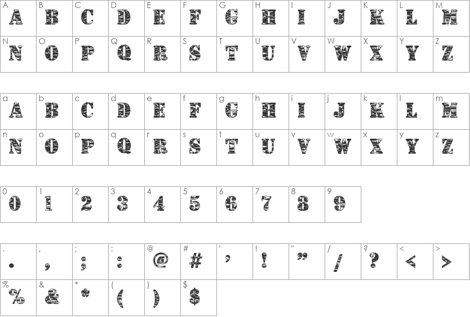 Camouflage Jungle font character map preview