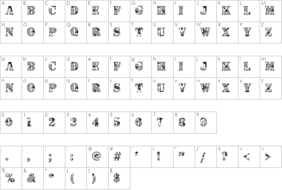 Camouflage Woodland font character map preview