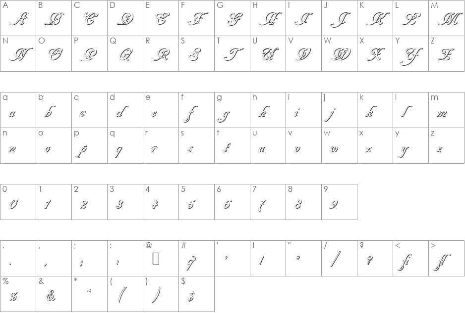 Cancellaresca Script Shadow font character map preview