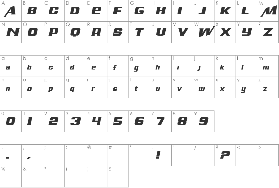 Air Millhouse  Italic font character map preview