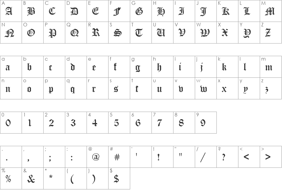 Canterbury font character map preview