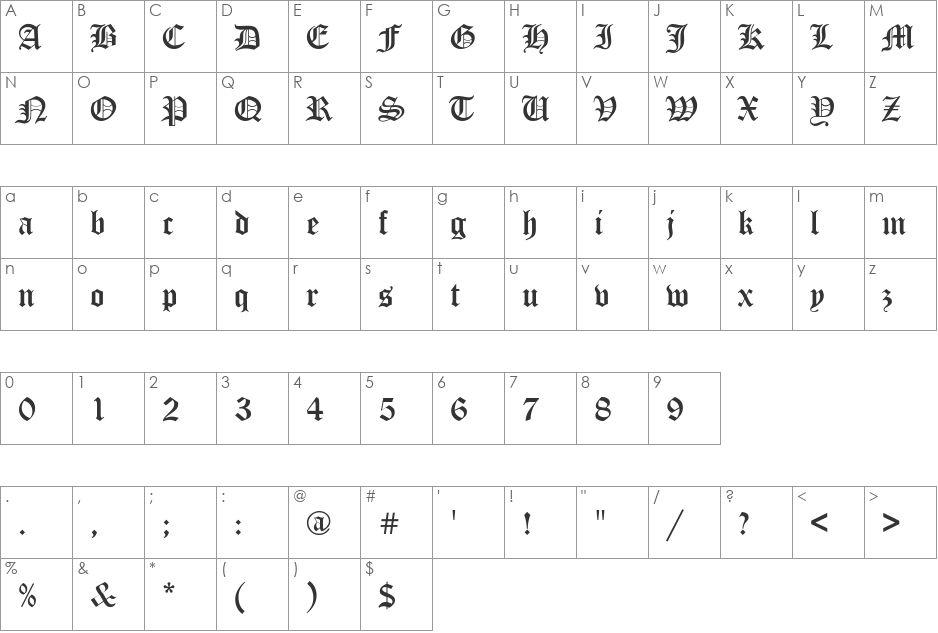 Canterbury font character map preview