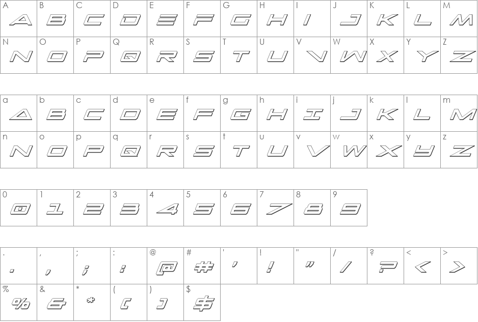 Capella 3D Condensed Italic font character map preview