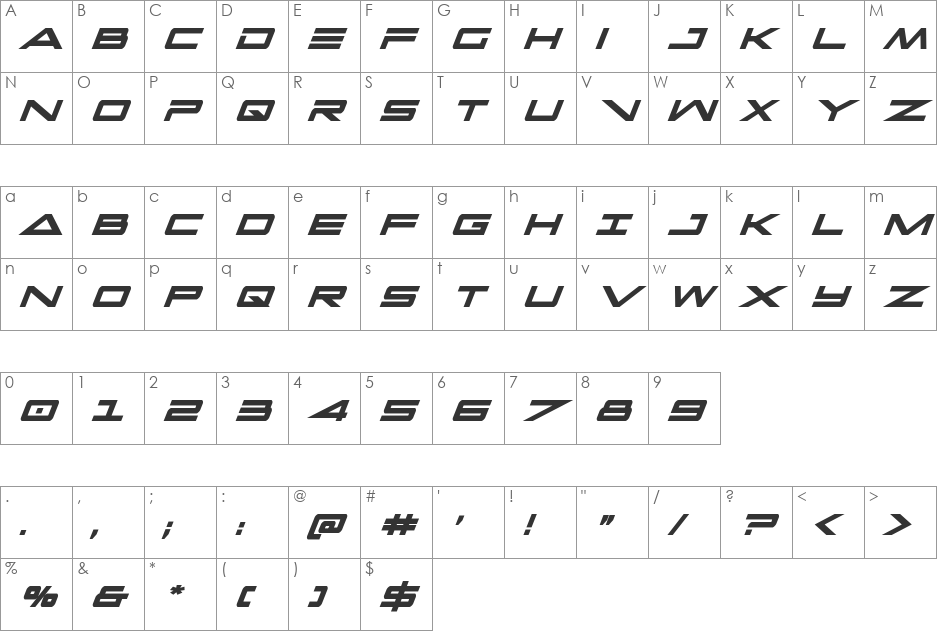 Capella Condensed Bold Italic font character map preview