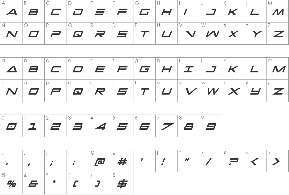 Capella Extra-condensed Italic font character map preview