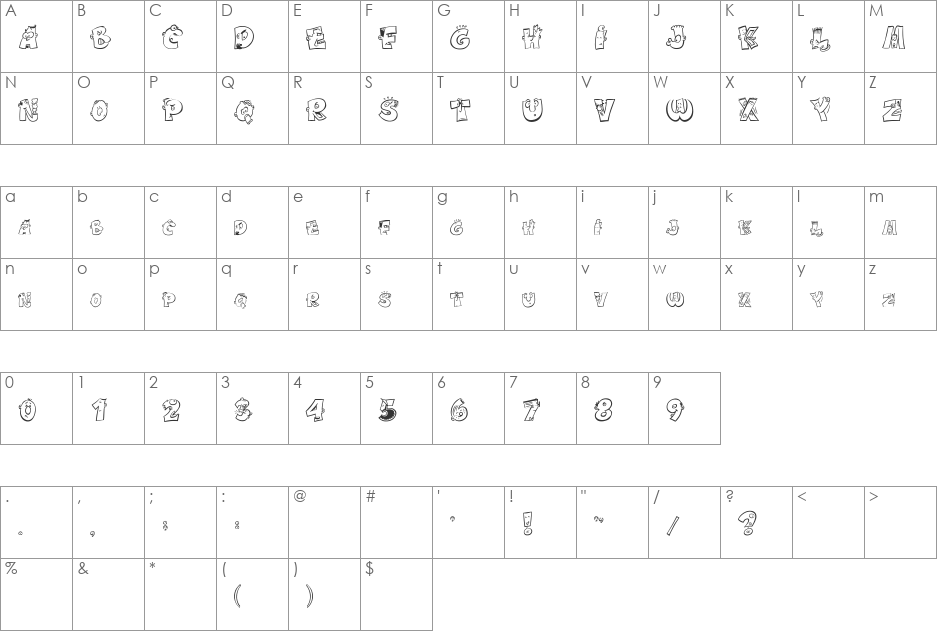 caricature font character map preview