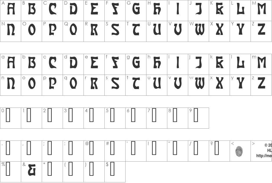 Carmen CapsInside font character map preview