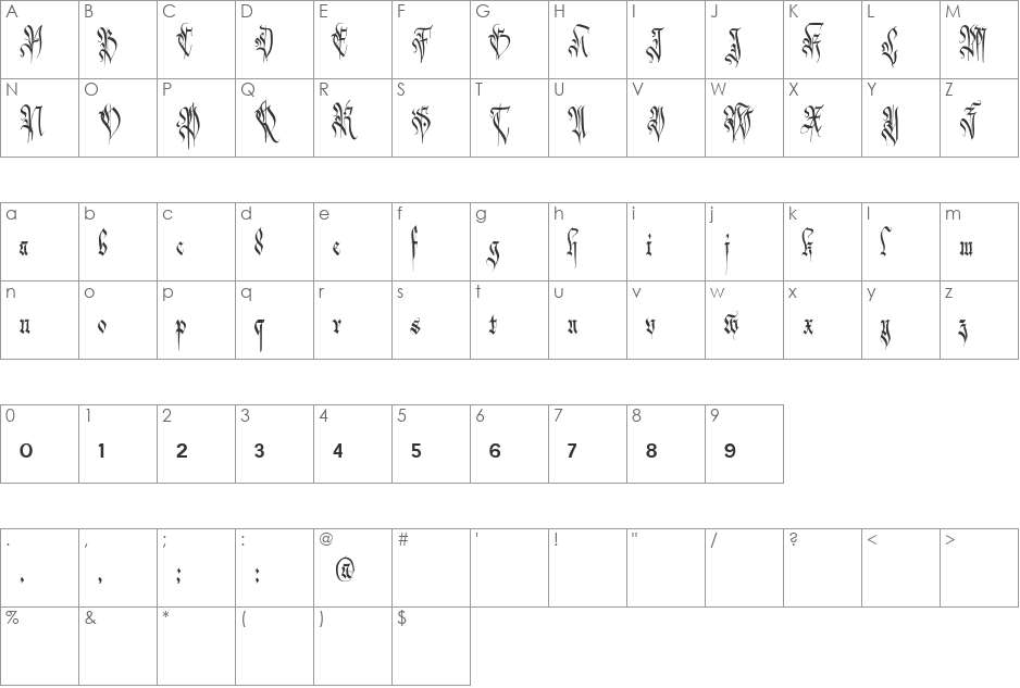 Carmilia font character map preview