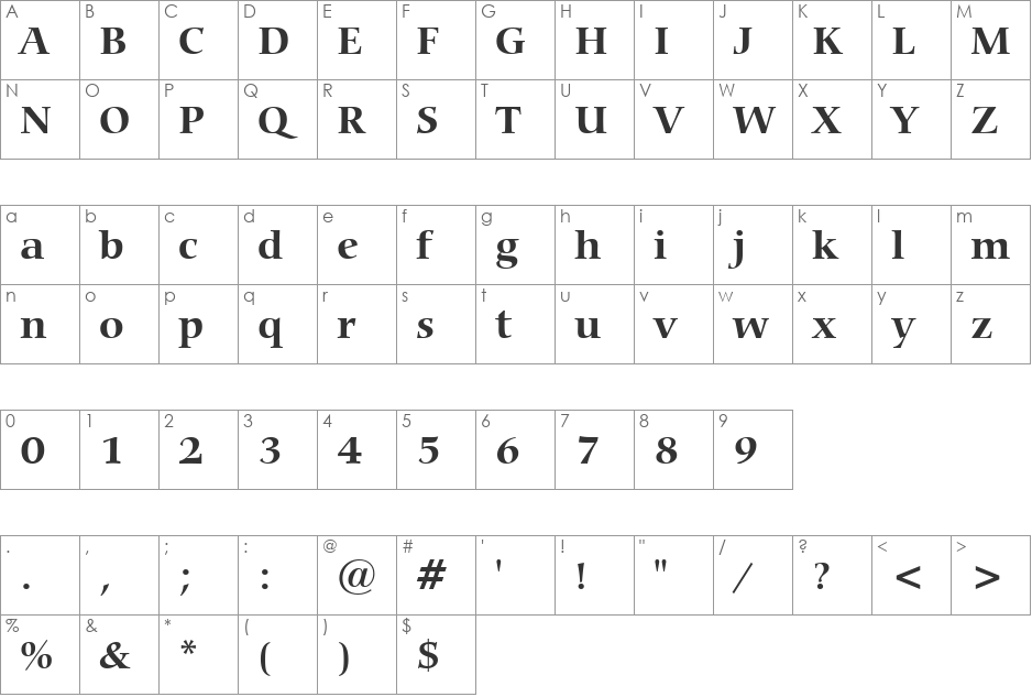 Carmina Md BT font character map preview
