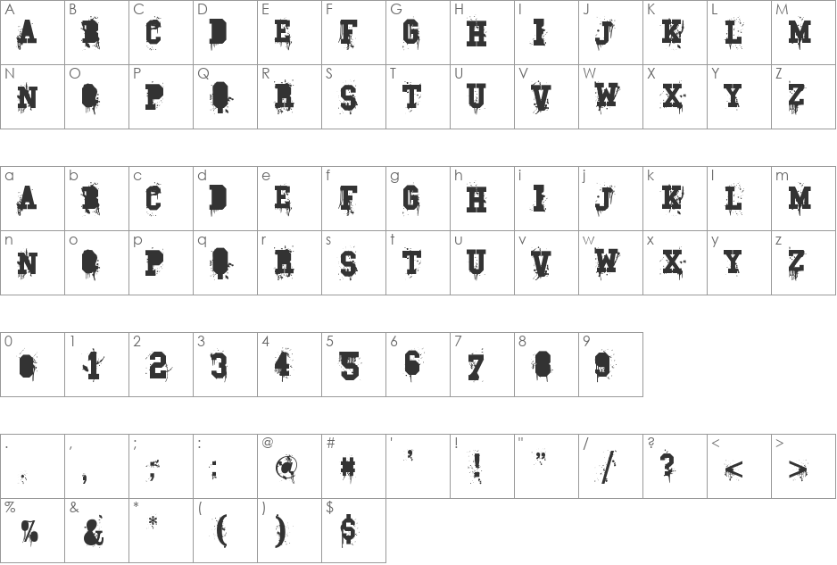 Carnage College font character map preview