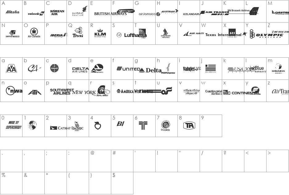 Airline Logos Past and Present font character map preview