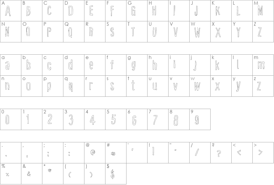 Cartoon East Outline  using Fon font character map preview