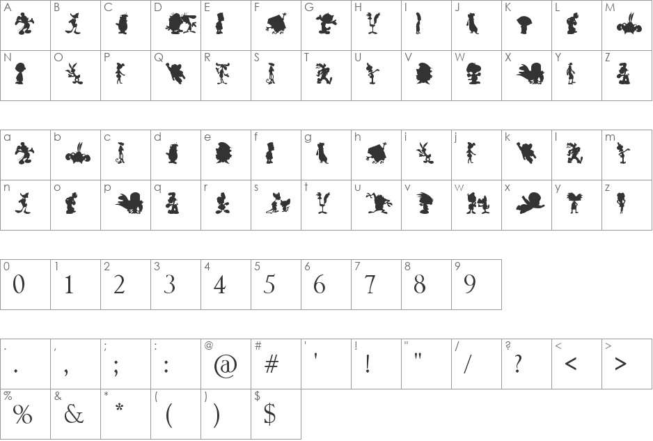 Cartoon Silhouettes font character map preview