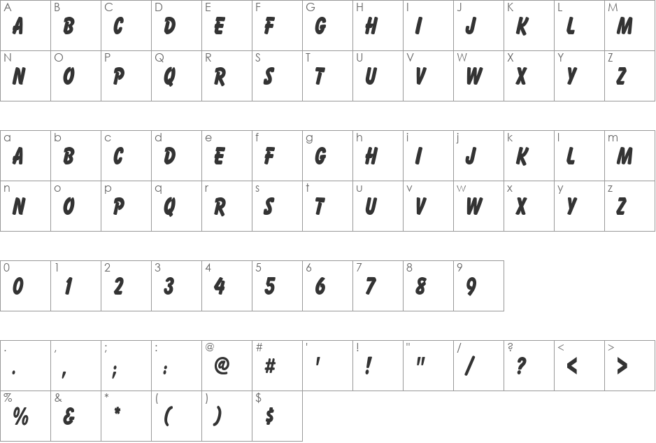 Cartoon Thin font character map preview