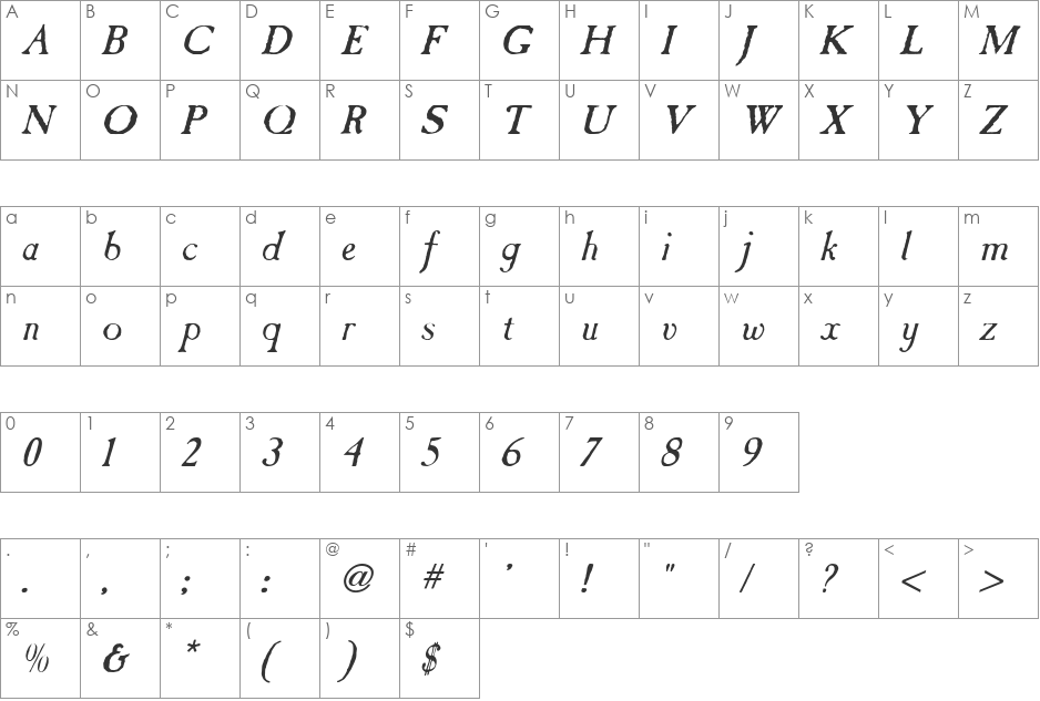 Caslon Antique Italic font character map preview