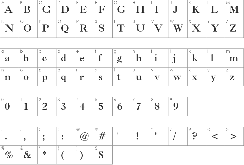 Caslon Bd BT font character map preview