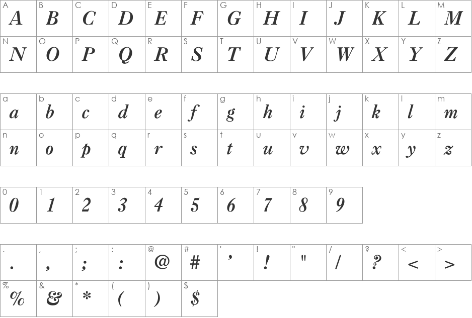 Caslon-BoldItalic font character map preview