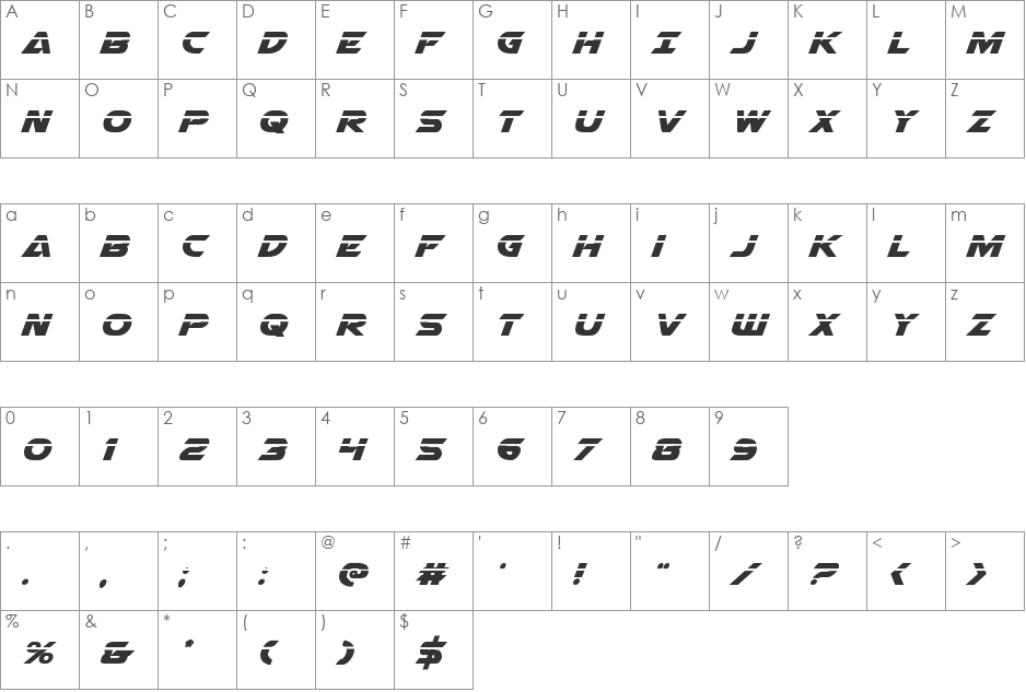 Airstrike Laser font character map preview