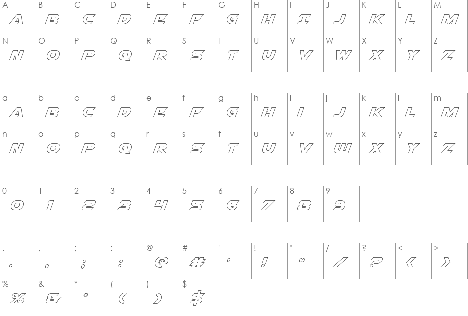 Airstrike Outline font character map preview