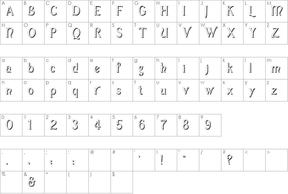 Casua_Shadow font character map preview