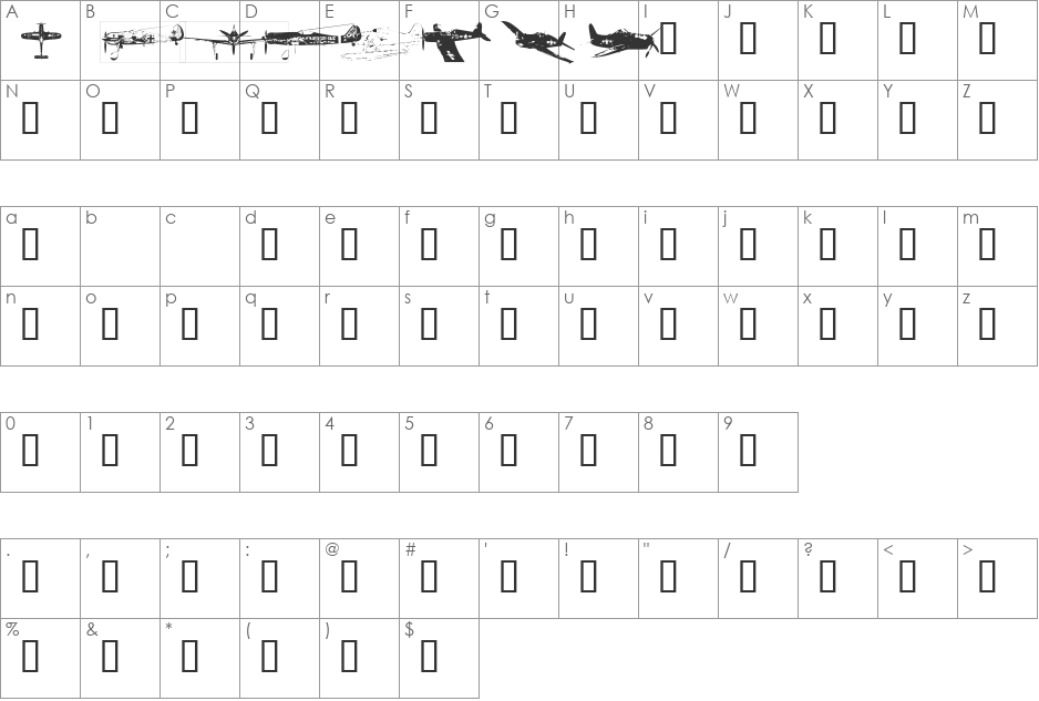 Airwars font character map preview