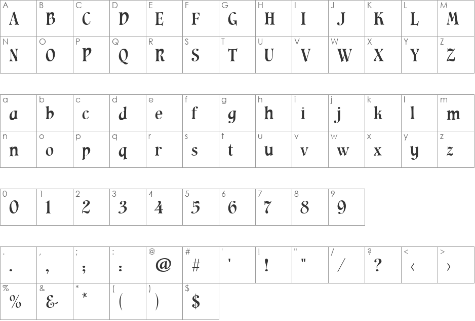 Cavalier font character map preview