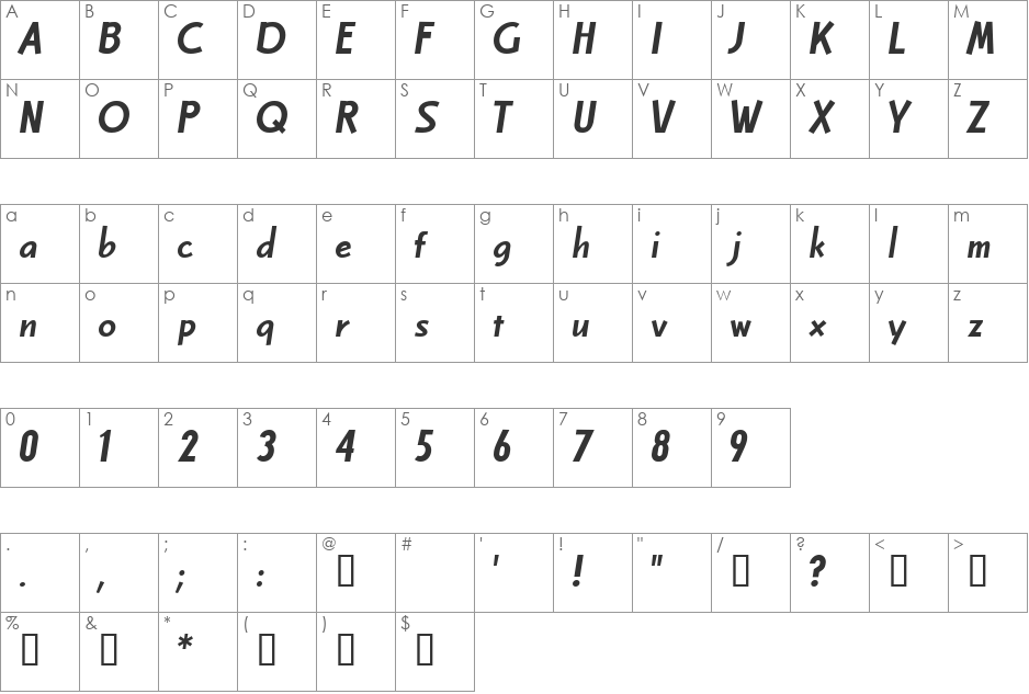 Celbo font character map preview