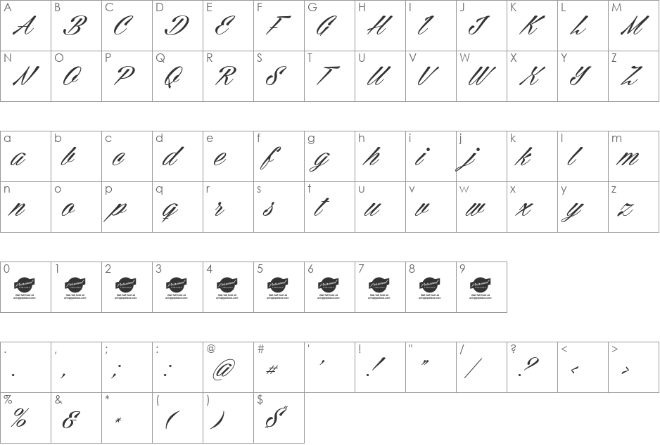 Cellos Script Personal Use Only font character map preview