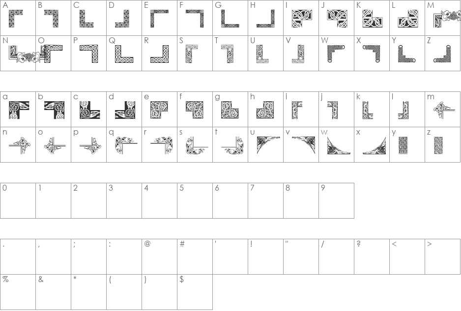 Celtic Frames font character map preview