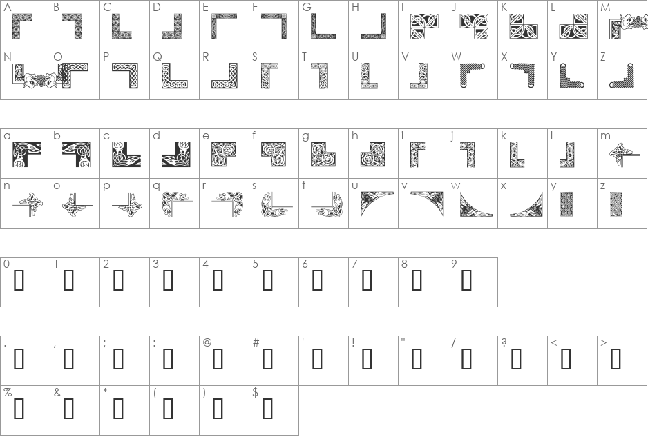 Celtic Frames font character map preview