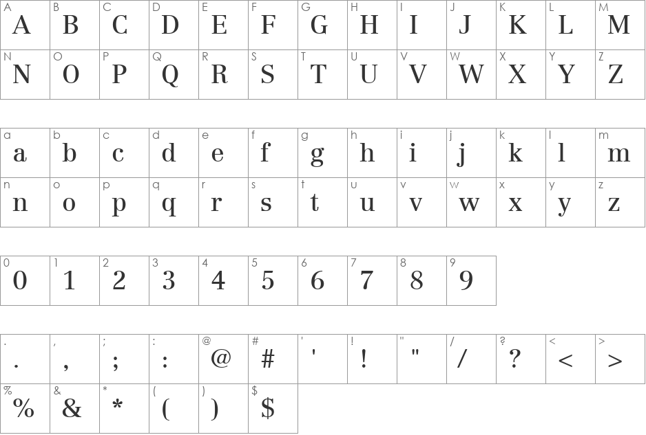 Centennial-Roman font character map preview