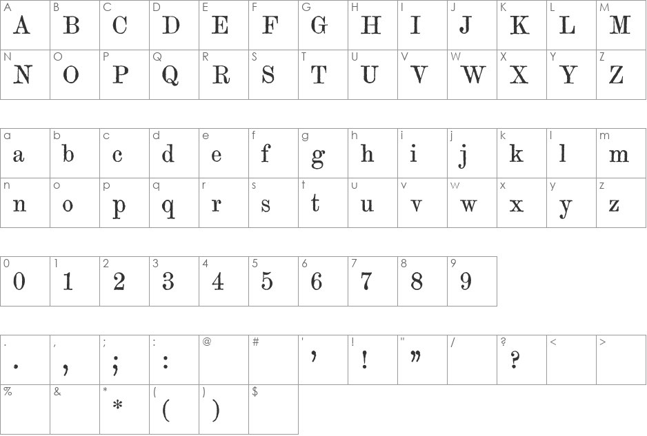 Century modern TT font character map preview