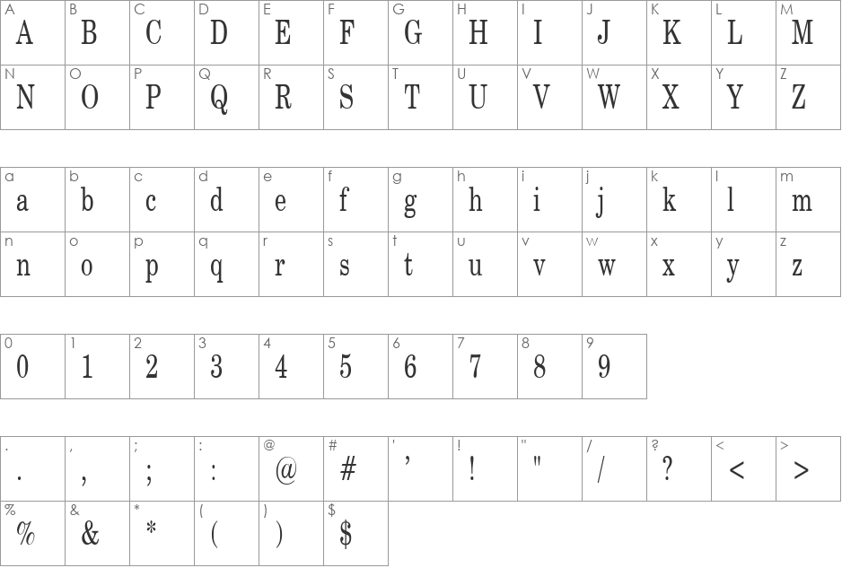CenturySWCondensed font character map preview
