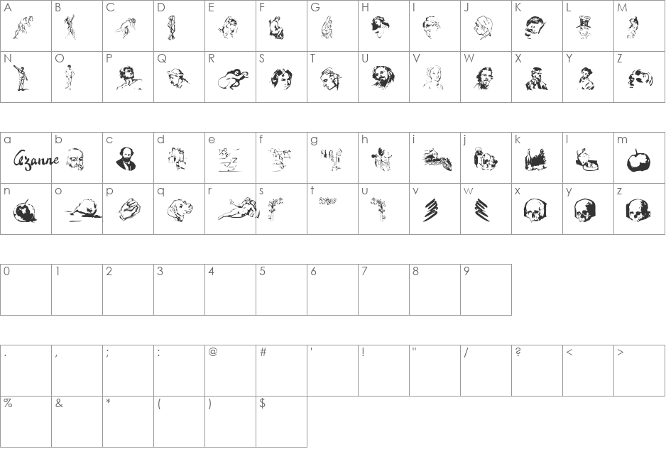 Cezanne font character map preview