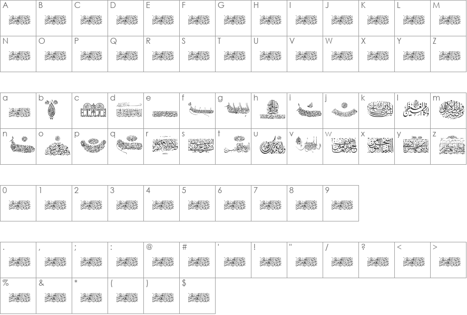 Aayat Quraan 21 font character map preview