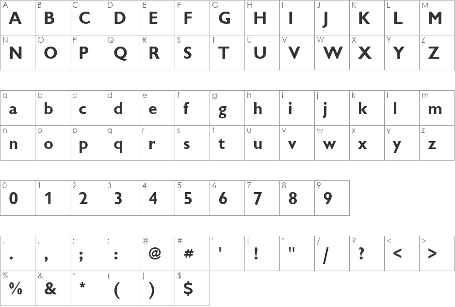 Chantilly font character map preview
