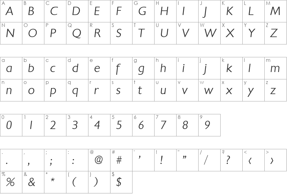 Chantilly-LightIta font character map preview