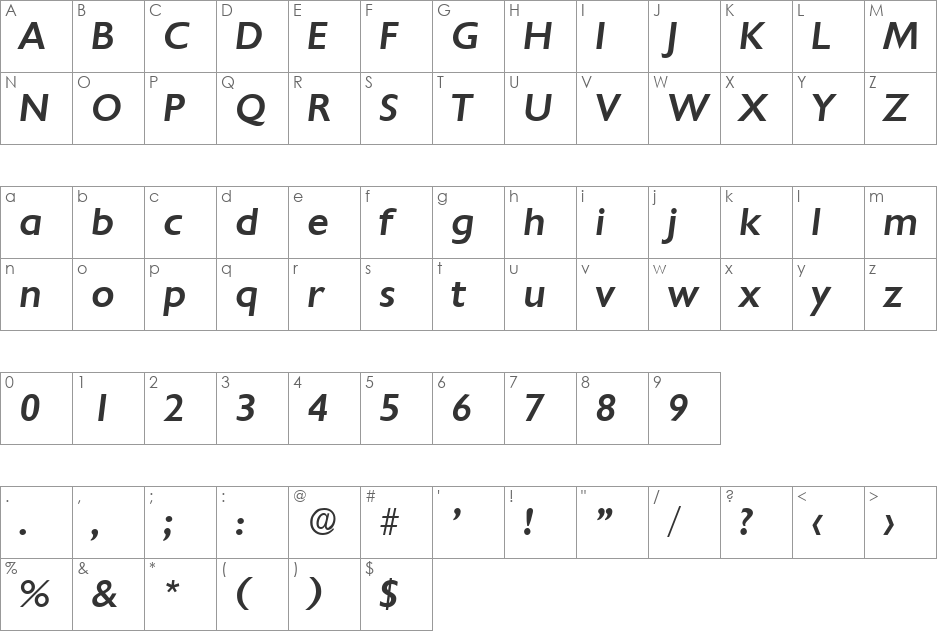 Chantilly-MediumIta font character map preview
