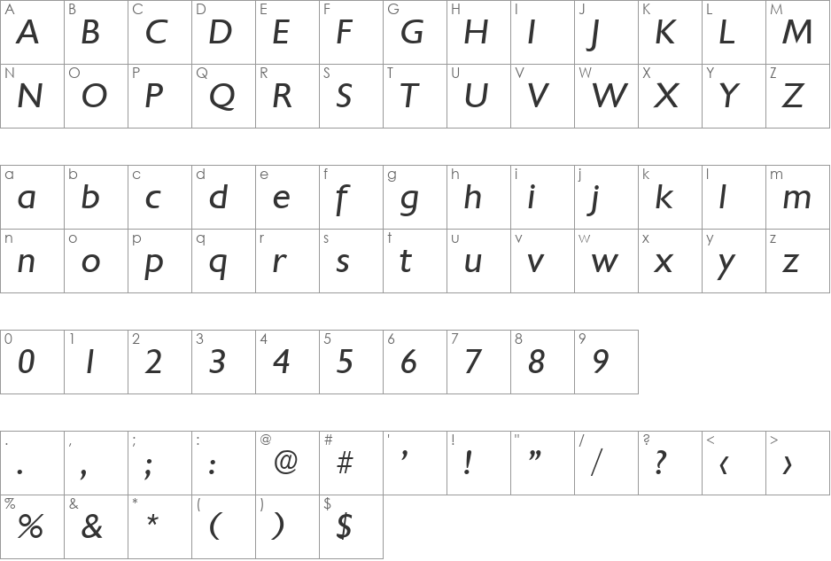 Chantilly-RegularIta font character map preview