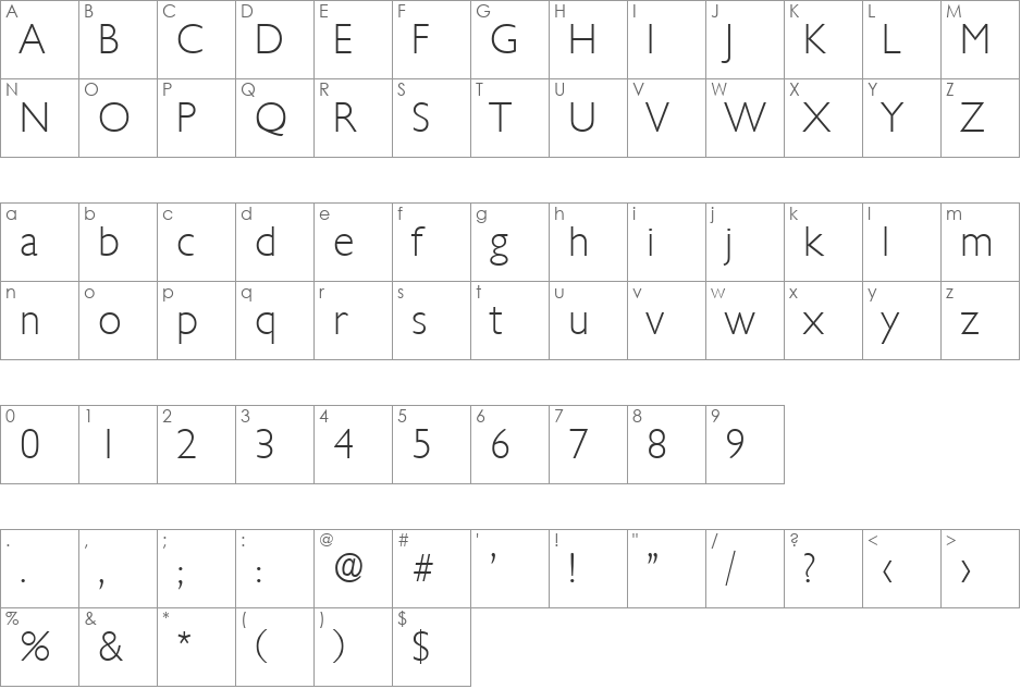 Chantilly-Xlight font character map preview