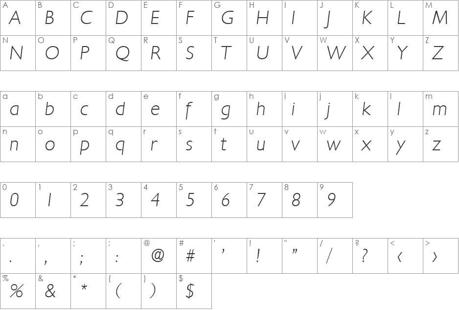 Chantilly-XlightIta font character map preview