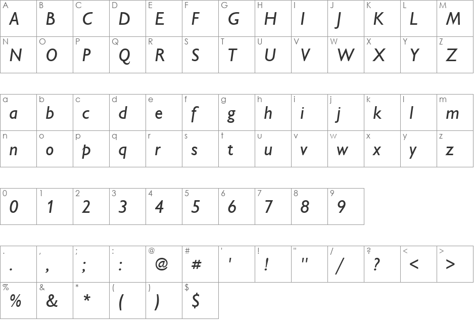 ChantillyM font character map preview