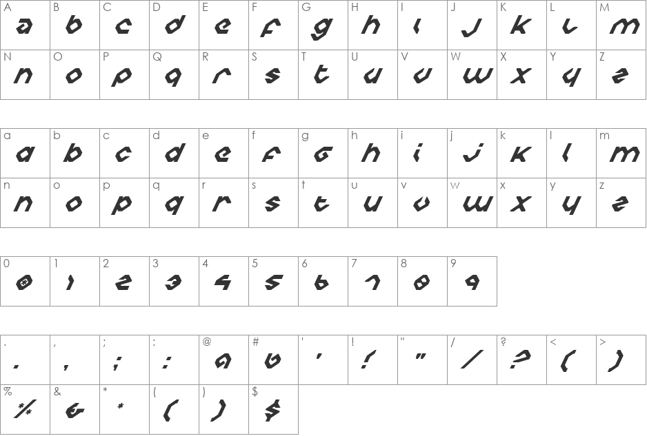 Charlie's Angles Italic font character map preview