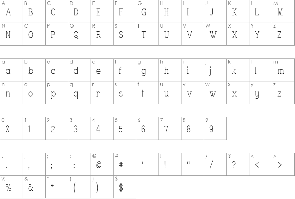 Charrington Narrow font character map preview