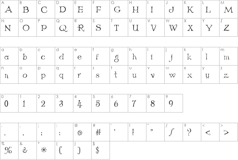 AL Age Old Love font character map preview