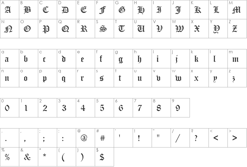 Chaucer font character map preview
