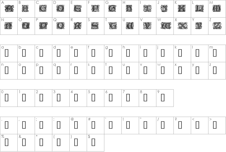 Chaucerian Initials font character map preview