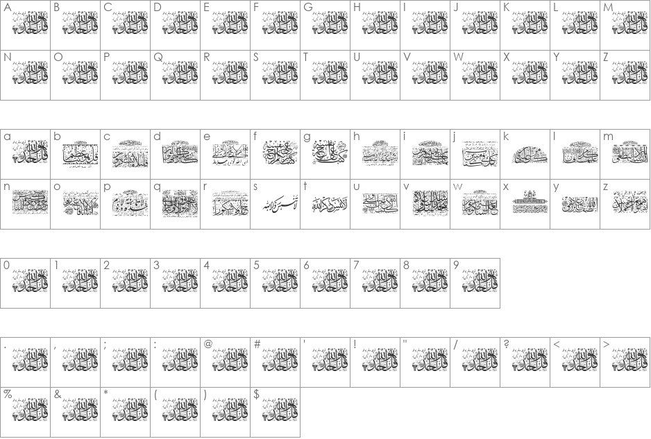 Aayat Quraan 28 font character map preview