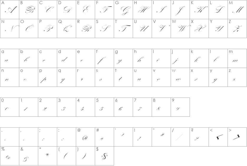 CheckQuillScriptSSK font character map preview